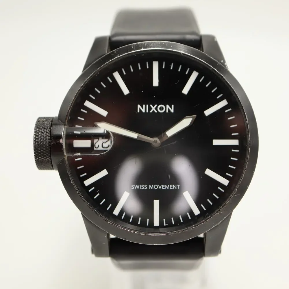 Nixon The Magnified Black White 48mm Swiss Lefty Watch UPSIDEDOWN DATE Working